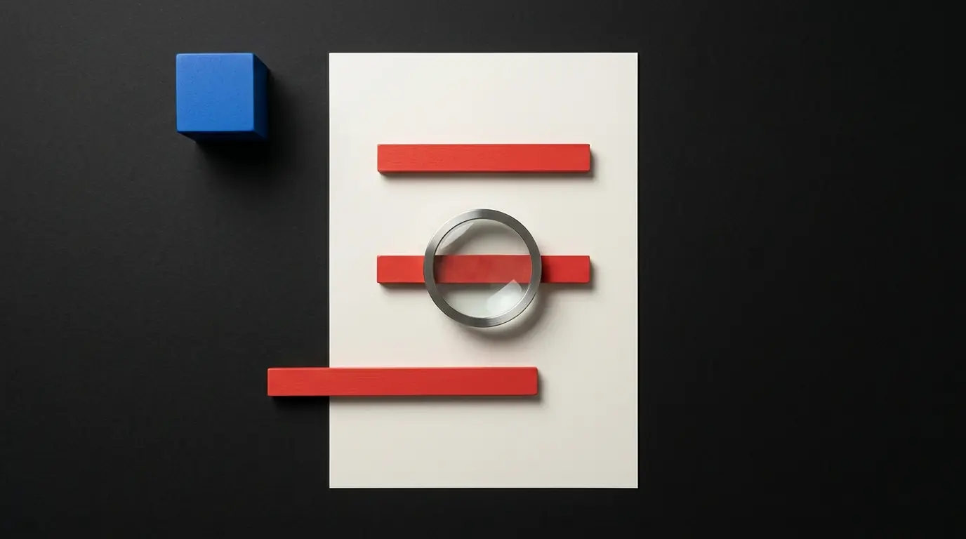 A blank white sheet on a black background with three thin red bars across it like highlighted lines and a round loupe over the middle bar.