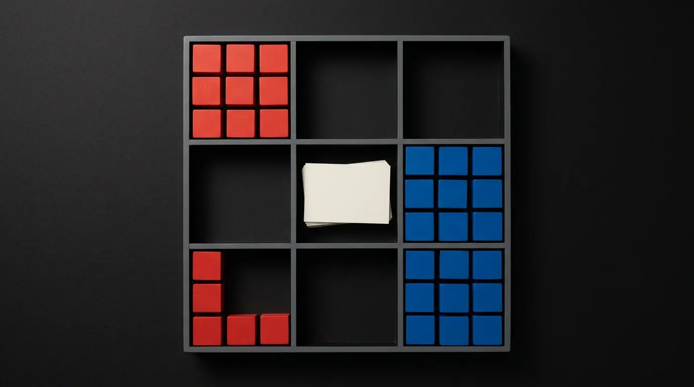A black nine-cell grid tray seen from above with a stack of blank cards in the centre cell, red cubes along one edge and blue cubes along the other.