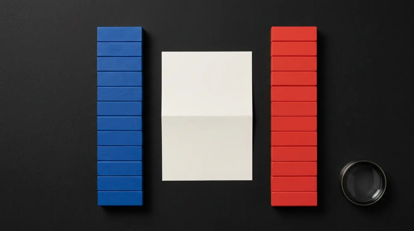 Two columns of stacked blocks on a black background, blue on the left and red on the right, with a folded blank sheet between them and a loupe at the lower right.