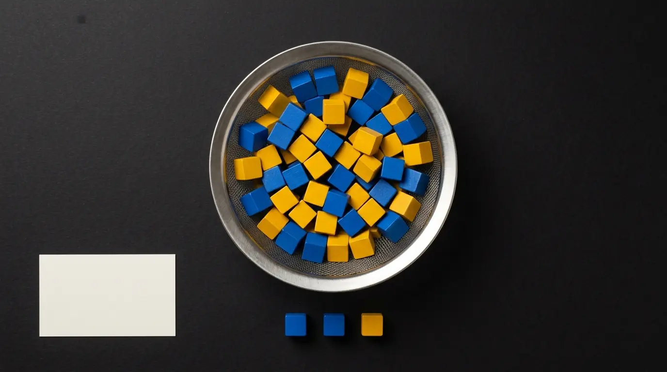 A steel sieve full of blue and yellow cubes on a black background, with three small cubes that fell through lying in a row beneath it.