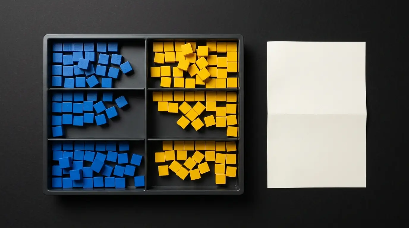 A black sorting tray with six compartments, blue cubes on the left and yellow cubes on the right, next to a folded blank sheet of paper.