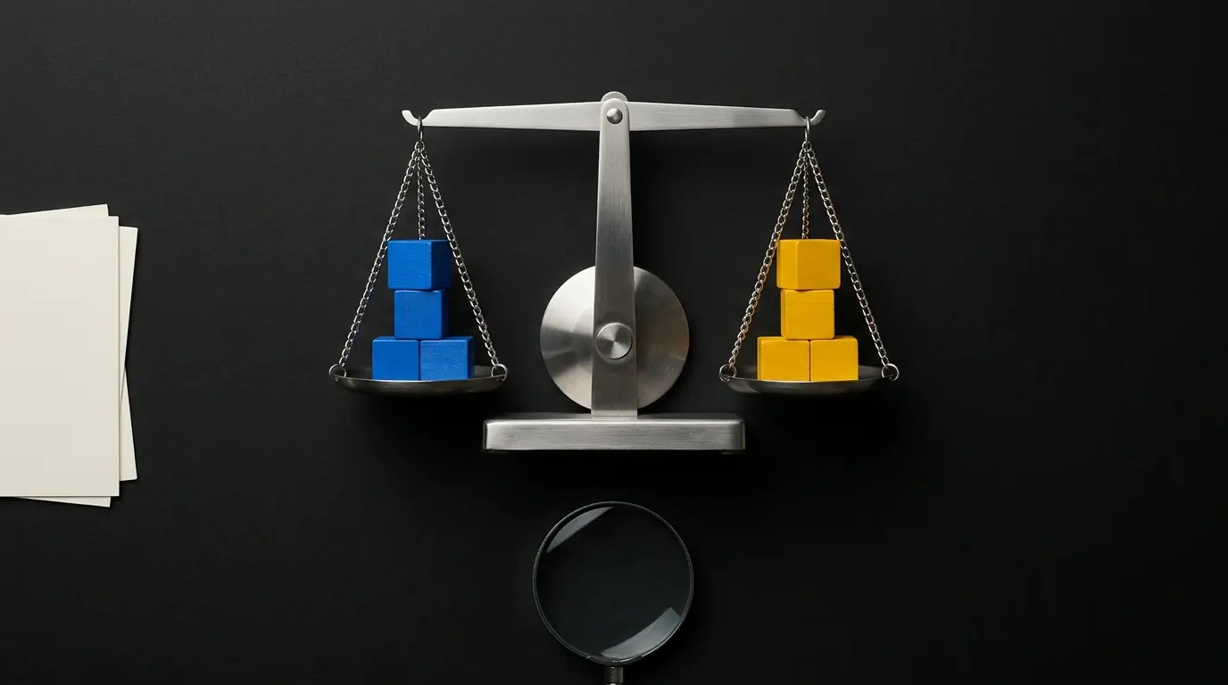 A steel balance scale on a black background with three blue cubes in one pan and three yellow cubes in the other, a magnifying glass below.