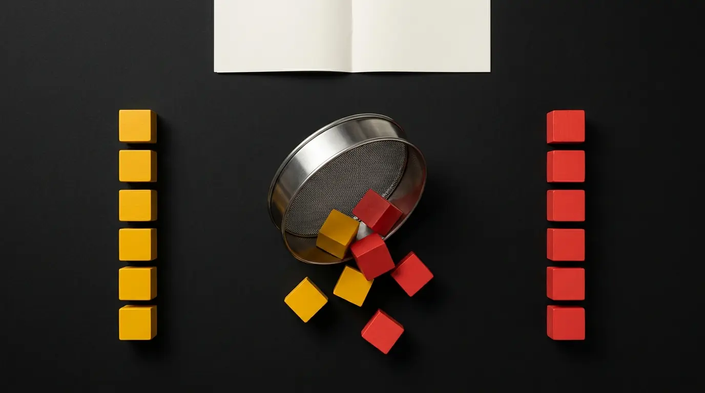 A row of yellow cubes and a row of red cubes on black, with a steel sieve tipped on its side between them and several cubes spilled out at angles.