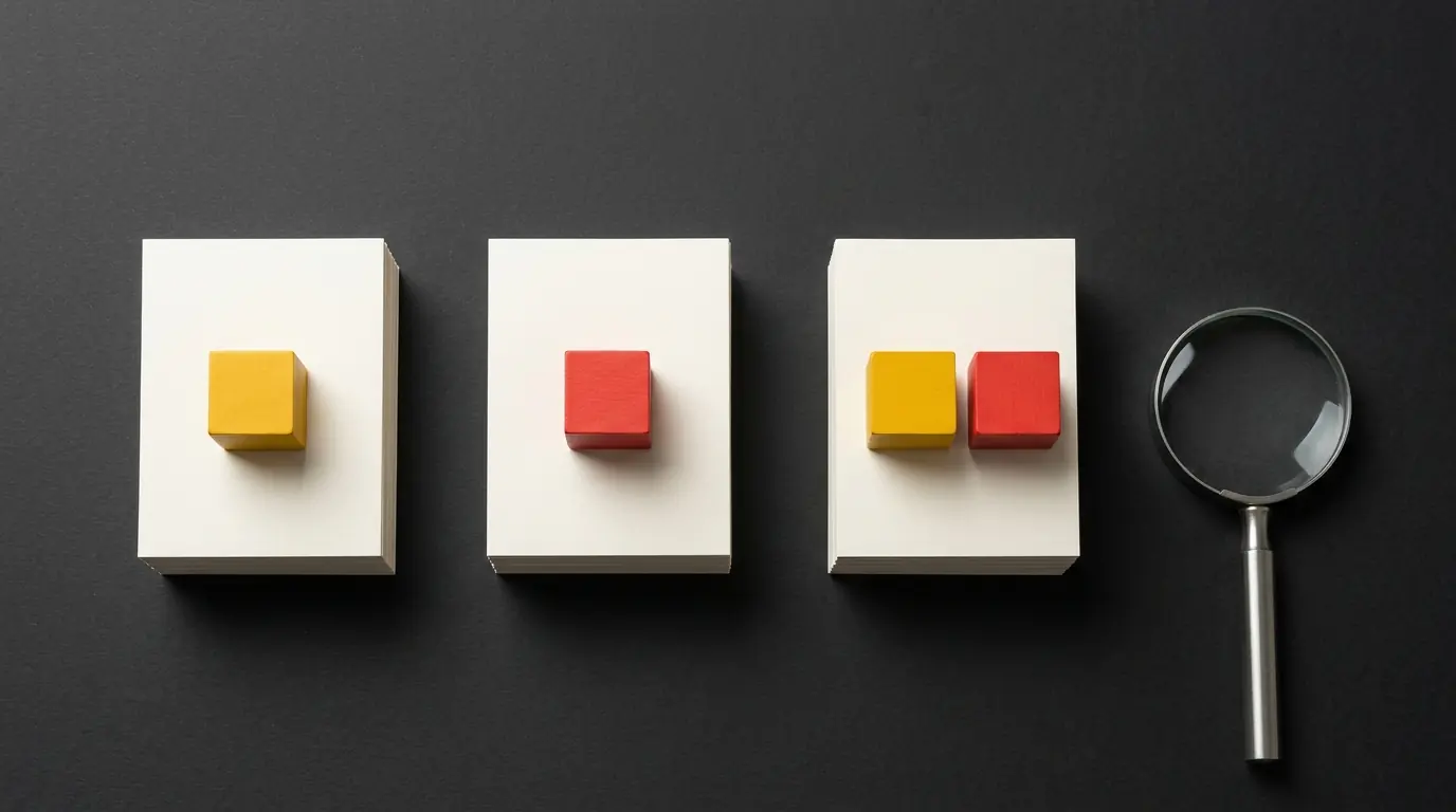 Three stacks of blank white cards on black, the first topped with a yellow cube, the second with a red cube and the third with one of each, a magnifying glass to the right.