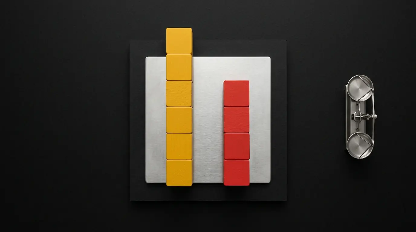 Two towers of cubes on a brushed steel plate against black, a tall yellow tower and a shorter red tower, with a small empty balance scale to the right.